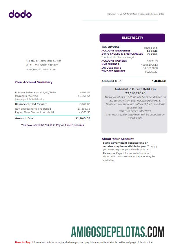 Em branco AUSTRÁLIA NOVA GALES DO SUL DODO Projeto de conta de serviços públicos Word e modelo PDF